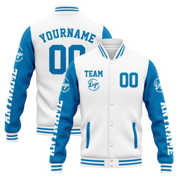 Benutzerdefinierte Varsity-Jacke. Letterman-Jacke für Männer, Frauen und Jugendliche  Weiß Blau Jetzt online