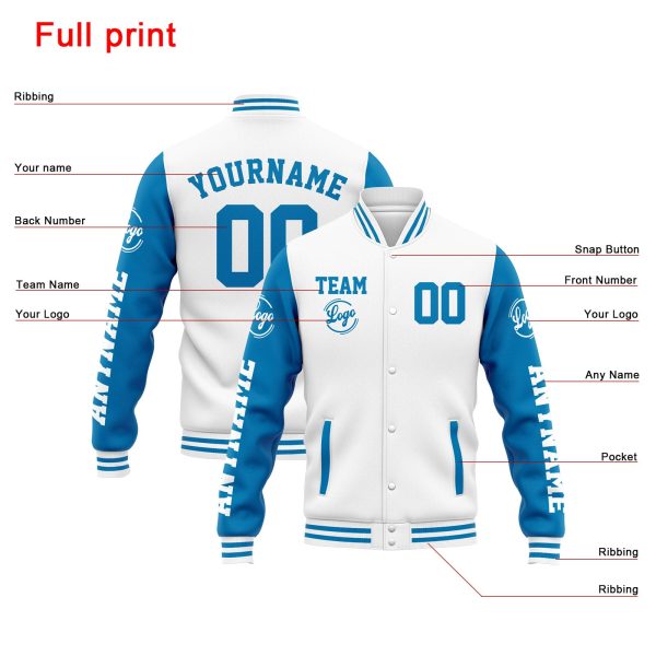 Benutzerdefinierte Varsity-Jacke. Letterman-Jacke für Männer, Frauen und Jugendliche  Weiß Blau Jetzt online – Bild 4