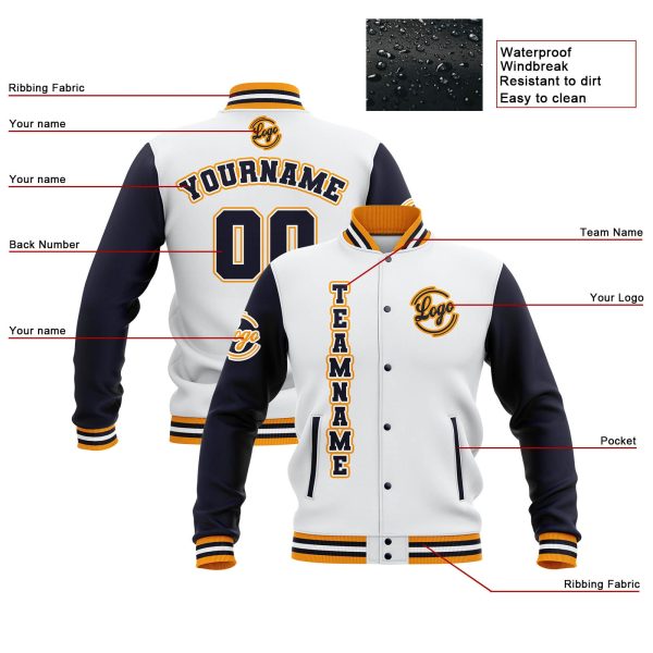 Benutzerdefiniert  Weiß Marine Gelb Wasserdichte Varsity Jacken Personalisiert genäht Name Nummer Logo zu Letterman Jacken Im Angebot – Bild 4