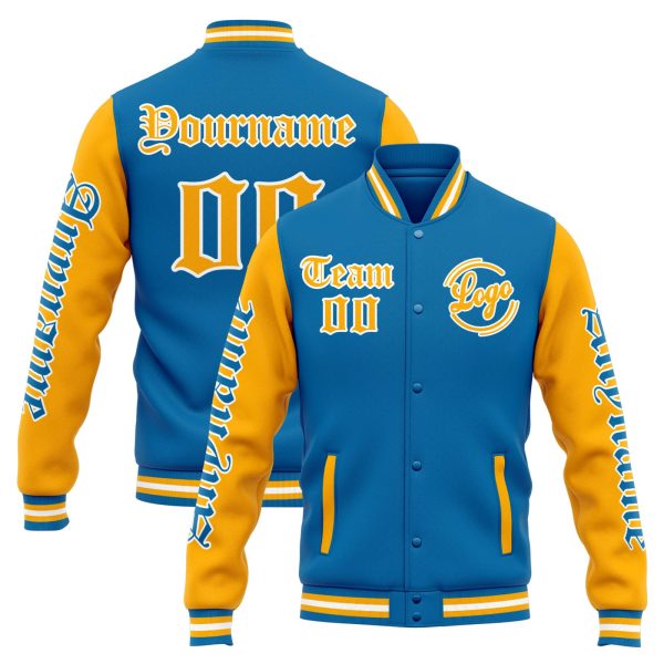 Benutzerdefinierte Varsity-Jacke. Letterman-Jacke für Männer, Frauen und Jugendliche Blau Orange Im Angebot