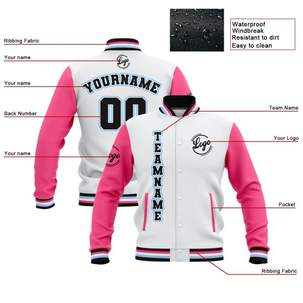 Benutzerdefiniert Weiß Rosa Schwarz Wasserdichte Varsity Jacken Personalisiert genäht Name Nummer Logo zu Letterman Jacken Im Angebot – Bild 4