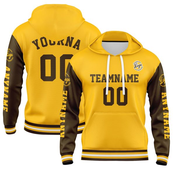 Benutzerdefiniert Braun Gelb Hoodie Personalisiert Männer Pullover Hoodie Gedruckt Team Name Number Logo für Frauen Zu verkaufen