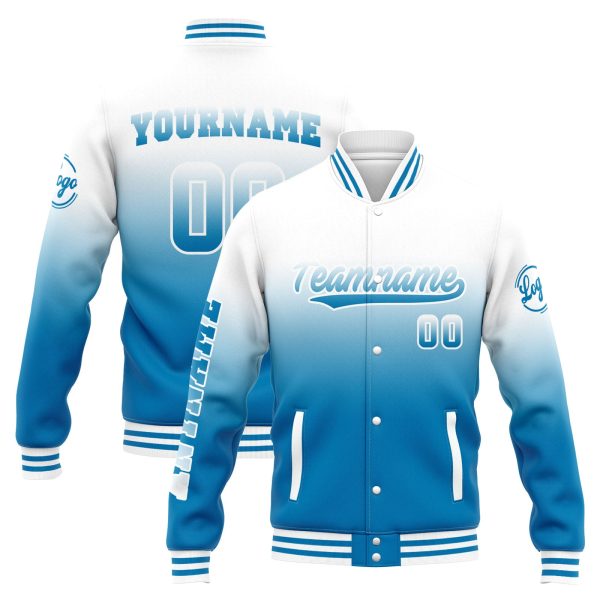 Benutzerdefinierte Varsity-Jacke. Letterman-Jacke für Männer, Frauen und Jugendliche  Weiß Blau Verlauf Zu verkaufen