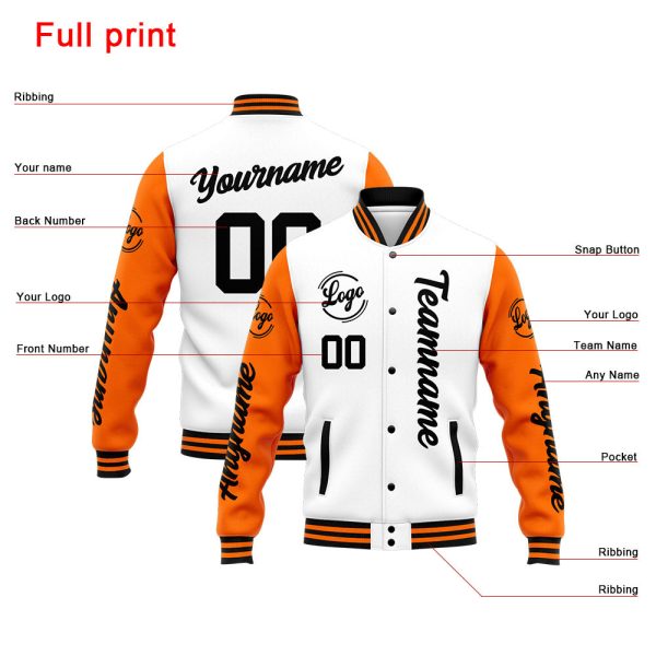 Benutzerdefinierte Varsity-Jacke. Letterman-Jacke für Männer, Frauen und Jugendliche Orange Weiß Verkauf – Bild 4