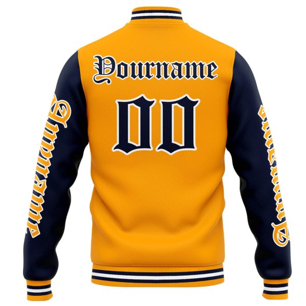 Benutzerdefinierte Varsity-Jacke. Letterman-Jacke für Männer, Frauen und Jugendliche Orange Marine Zu verkaufen – Bild 3