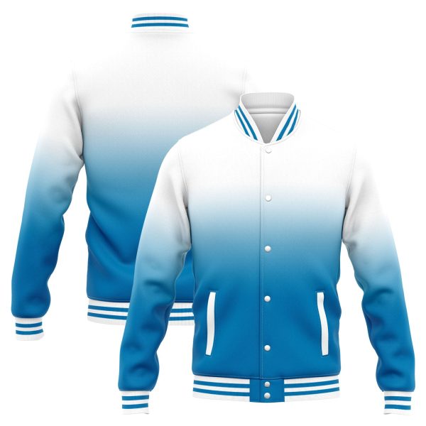 Benutzerdefinierte Varsity-Jacke. Letterman-Jacke für Männer, Frauen und Jugendliche  Weiß Blau Verlauf Zu verkaufen – Bild 3