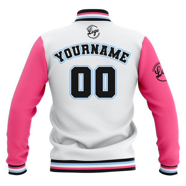 Benutzerdefiniert Weiß Rosa Schwarz Wasserdichte Varsity Jacken Personalisiert genäht Name Nummer Logo zu Letterman Jacken Im Angebot – Bild 3