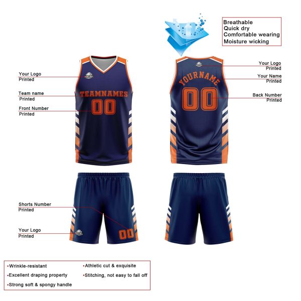 Benutzerdefinierte Marine Weiß Orange Reversible Basketball Jersey Personalisierte Print Name Nummer Logo Rabatt – Bild 4