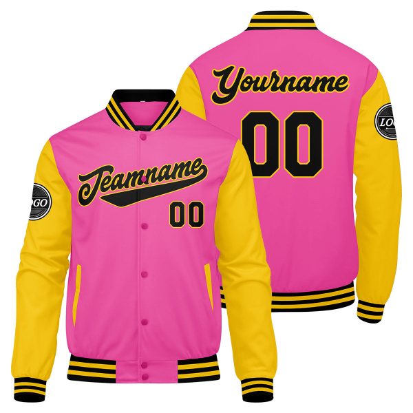 Benutzerdefinierte Verlauf Varsity-Jacke. Letterman-Jacke Rosa Gelb Schwarz Schn?ppchen