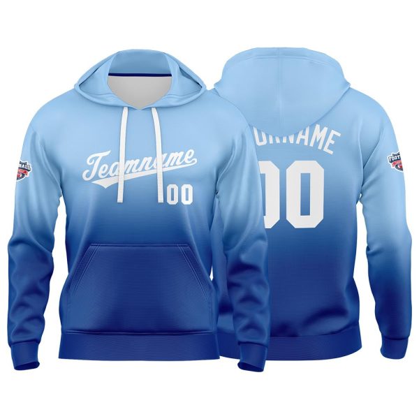 Benutzerdefinierter Verlauf Hoodie für Mann, Frau, Mädchen, Junge. Drucken Sie Ihr Logo, Ihren Namen und Ihre Nummer Hellblau Weiß Angebot