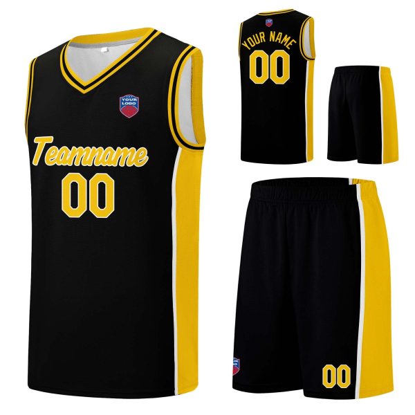 Individuelle Basketball-Jersey-Shorts für Männer und Frauen. Gestickter und gedruckter Name, Nummer und Logo Schwarz&Gelb Mode – Bild 3