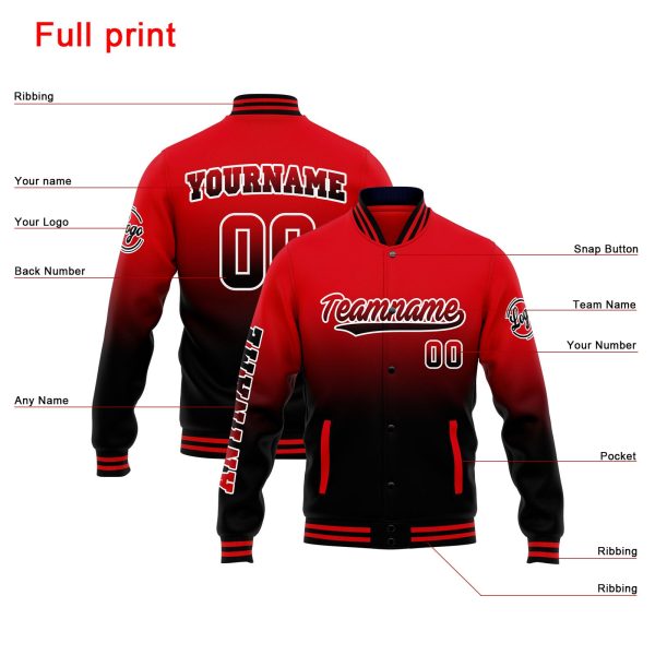 Benutzerdefinierte Varsity-Jacke. Letterman-Jacke für Männer, Frauen und Jugendliche Rot Schwarz Verlauf Online-Schn?ppchen – Bild 4