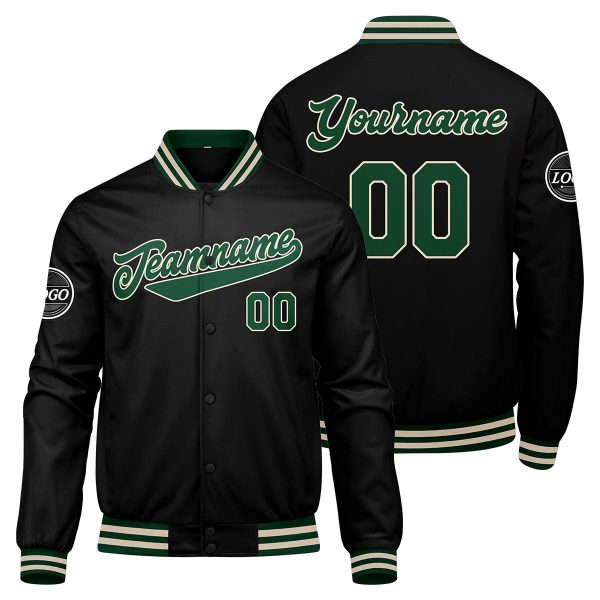 Benutzerdefinierte Verlauf Varsity-Jacke. Letterman-Jacke Dunkelgrün Schwarz Creme Schn?ppchen