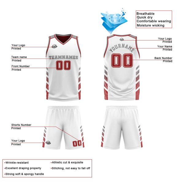 Benutzerdefinierte Weiß Rot Grau Reversible Basketball Jersey Personalisierte Print Name Nummer Logo Verkauf – Bild 4