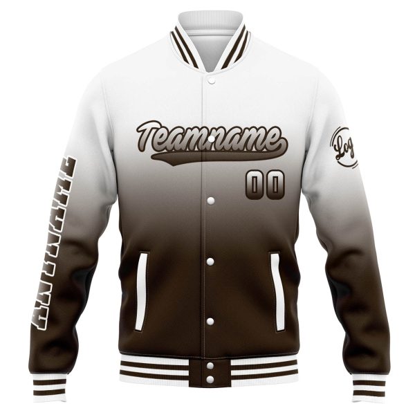 Benutzerdefinierte Varsity-Jacke. Letterman-Jacke für Männer, Frauen und Jugendliche Weiß Braun Verlauf Jetzt online – Bild 2