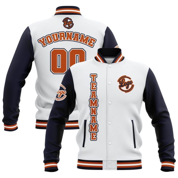 Benutzerdefiniert  Weiß Marine Orange Wasserdichte Varsity Jacken Personalisiert genäht Name Nummer Logo zu Letterman Jacken Schn?ppchen