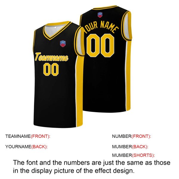 Individuelle Basketball-Jersey-Shorts für Männer und Frauen. Gestickter und gedruckter Name, Nummer und Logo Schwarz&Gelb Mode – Bild 4