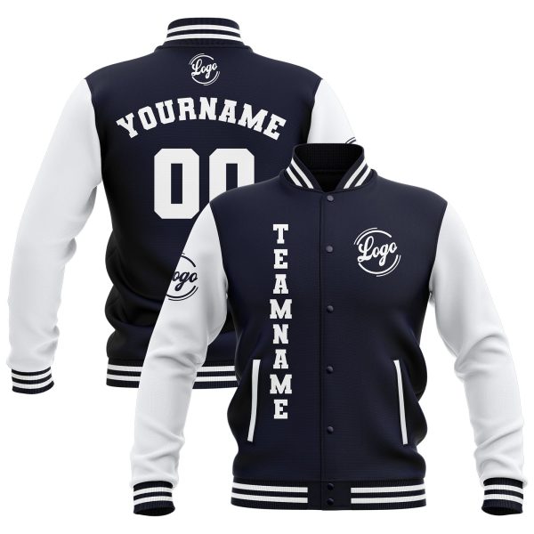 Benutzerdefiniert Marine Weiß Wasserdichte Varsity Jacken Personalisiert genäht Name Nummer Logo zu Letterman Jacken Online-Verkauf