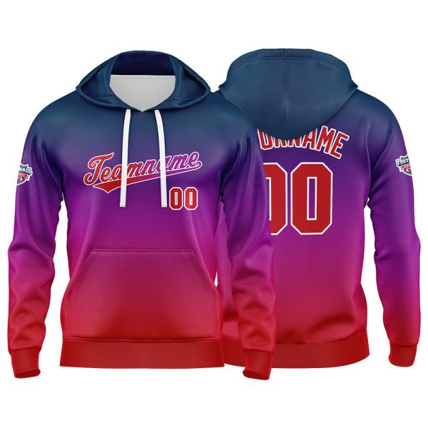 Benutzerdefinierter Verlauf Hoodie für Mann, Frau, Mädchen, Junge. Drucken Sie Ihr Logo, Ihren Namen und Ihre Nummer Blau Lila Rot Zu verkaufen