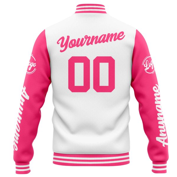 Benutzerdefinierte Varsity-Jacke. Letterman-Jacke für Männer, Frauen und Jugendliche Weiß Rosa Verkauf – Bild 3