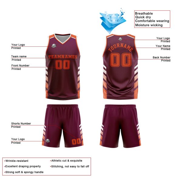 Benutzerdefinierte Burgund Weiß Orange Reversible Basketball Jersey Personalisierte Print Name Nummer Logo Mode – Bild 4