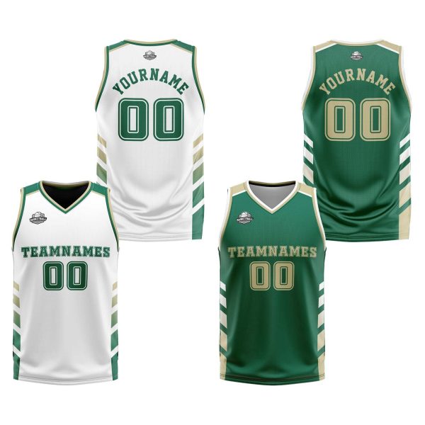 Benutzerdefinierte Weiß Jäger Grün Beige Reversible Basketball Jersey Personalisierte Print Name Nummer Logo Angebot