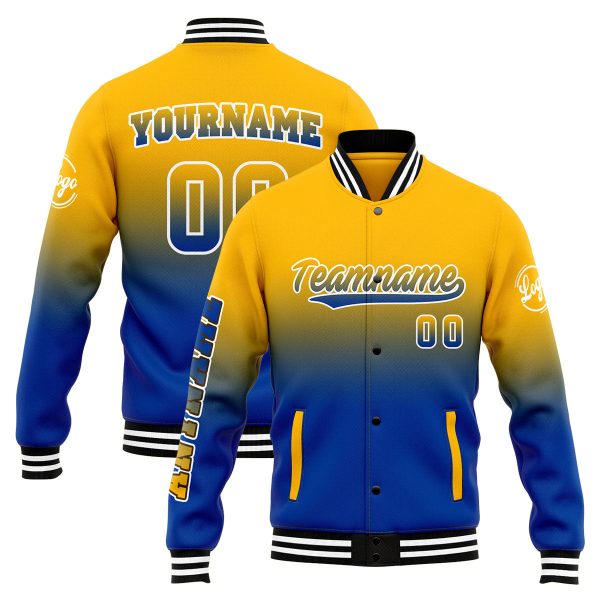 Benutzerdefinierte Verlauf Varsity-Jacke. Letterman-Jacke Gelb Blau Rabatt – Bild 4