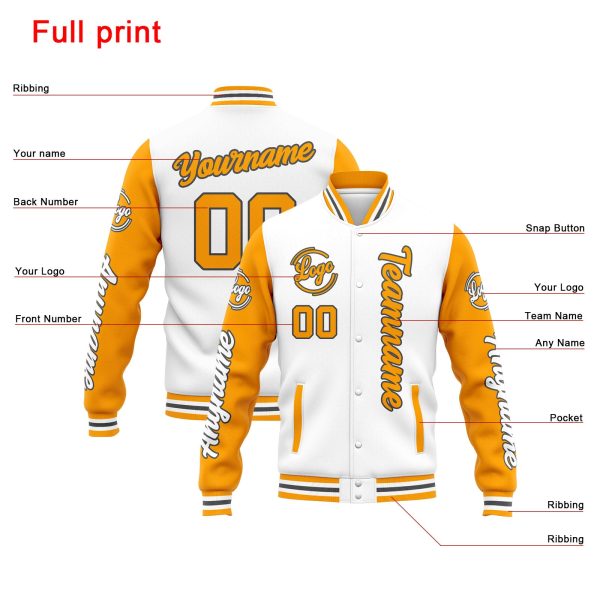 Benutzerdefinierte Varsity-Jacke. Letterman-Jacke für Männer, Frauen und Jugendliche Weiß Gelb Verkauf – Bild 4
