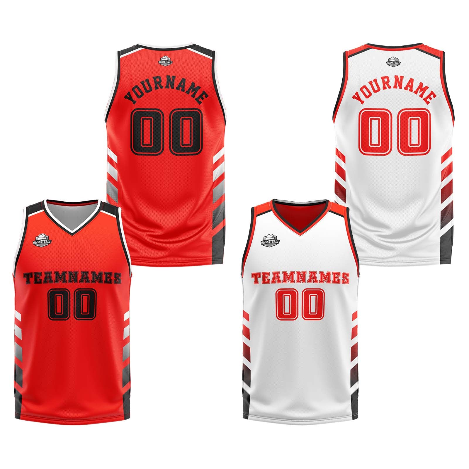 Benutzerdefinierte Orange Rot Weiß Schwarz Reversible Basketball Jersey Personalisierte Print Name Nummer Logo Verkauf