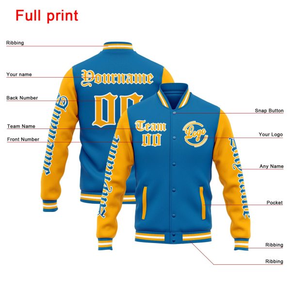 Benutzerdefinierte Varsity-Jacke. Letterman-Jacke für Männer, Frauen und Jugendliche Blau Orange Im Angebot – Bild 4