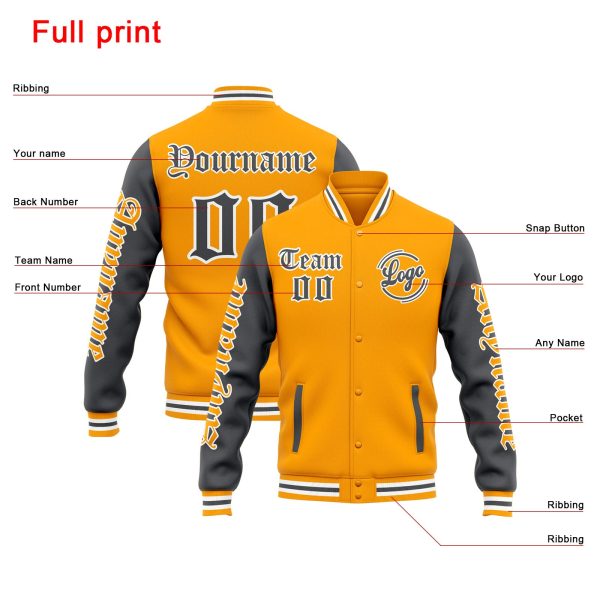 Benutzerdefinierte Varsity-Jacke. Letterman-Jacke für Männer, Frauen und Jugendliche Gelb Grau Im Angebot – Bild 4
