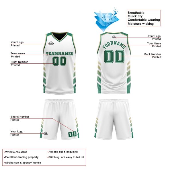 Benutzerdefinierte Weiß Jäger Grün Beige Reversible Basketball Jersey Personalisierte Print Name Nummer Logo Angebot – Bild 4