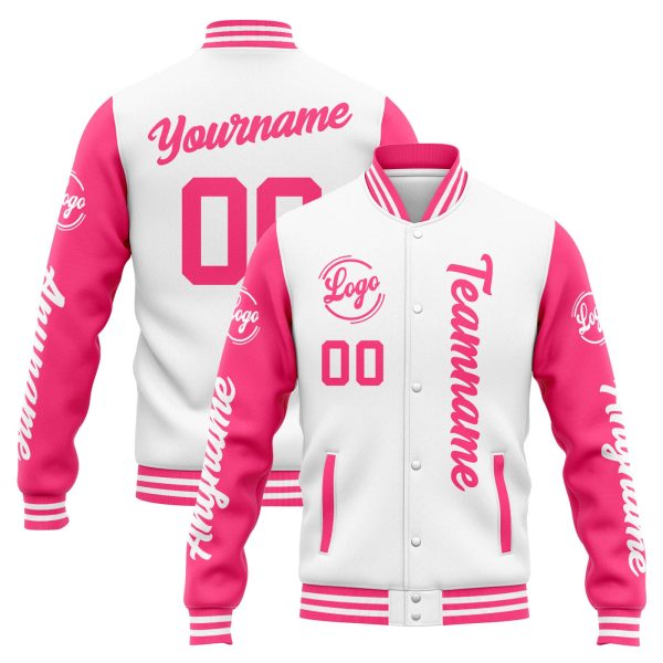Benutzerdefinierte Varsity-Jacke. Letterman-Jacke für Männer, Frauen und Jugendliche Weiß Rosa Verkauf