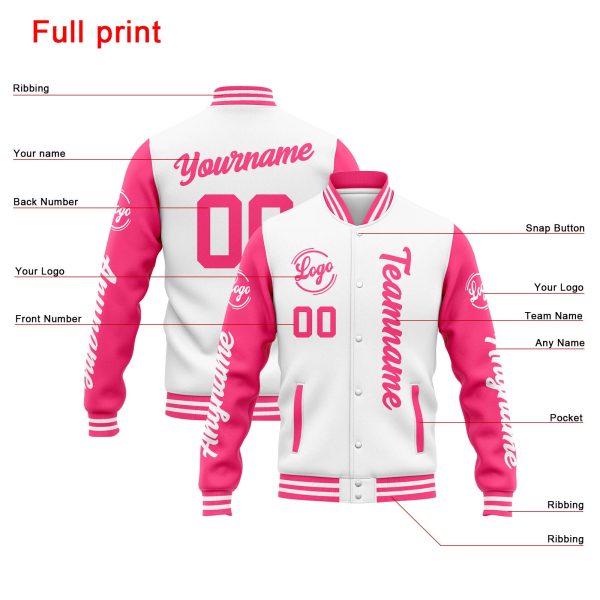 Benutzerdefinierte Varsity-Jacke. Letterman-Jacke für Männer, Frauen und Jugendliche Weiß Rosa Verkauf – Bild 4
