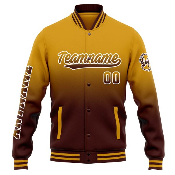 Benutzerdefinierte Varsity-Jacke. Letterman-Jacke für Männer, Frauen und Jugendliche Gold Burgund Verlauf Im Angebot – Bild 2