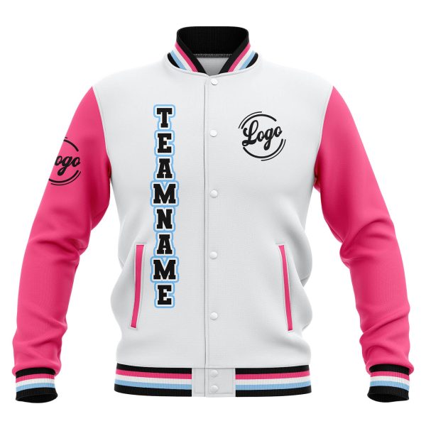Benutzerdefiniert Weiß Rosa Schwarz Wasserdichte Varsity Jacken Personalisiert genäht Name Nummer Logo zu Letterman Jacken Im Angebot – Bild 2