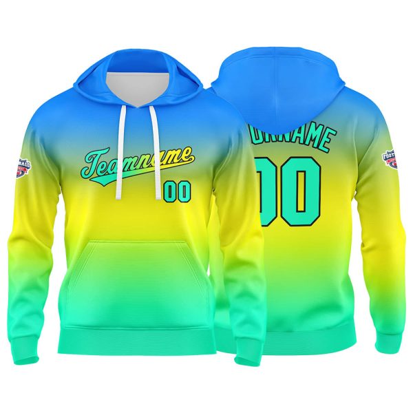 Benutzerdefinierter Verlauf Hoodie für Mann, Frau, Mädchen, Junge. Drucken Sie Ihr Logo, Ihren Namen und Ihre Nummer Blau Gelb Grün Jetzt online