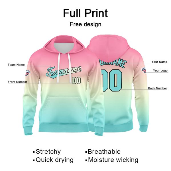 Benutzerdefinierter Verlauf Hoodie für Mann, Frau, Mädchen, Junge. Drucken Sie Ihr Logo, Ihren Namen und Ihre Nummer Pulver Hellblau Im Angebot – Bild 2