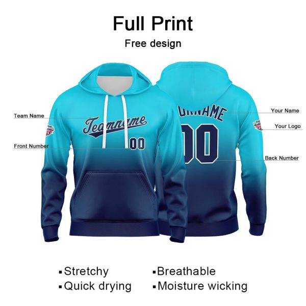 Benutzerdefinierter Verlauf Hoodie für Mann, Frau, Mädchen, Junge. Drucken Sie Ihr Logo, Ihren Namen und Ihre Nummer Hellblau  Marine Online – Bild 2