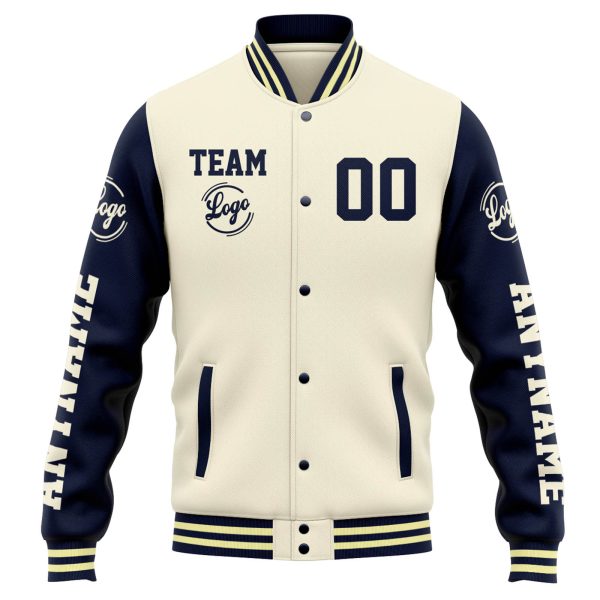 Benutzerdefinierte Varsity-Jacke. Letterman-Jacke für Männer, Frauen und Jugendliche Creme Marine Schn?ppchen – Bild 2