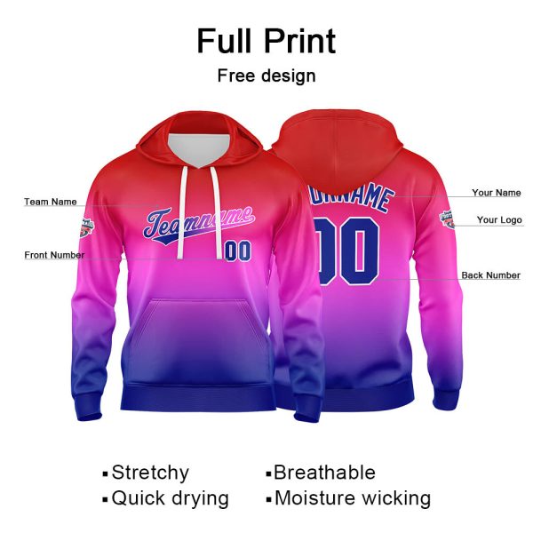 Benutzerdefinierter Verlauf Hoodie für Mann, Frau, Mädchen, Junge. Drucken Sie Ihr Logo, Ihren Namen und Ihre Nummer Rot Lila Blau Verkauf – Bild 2