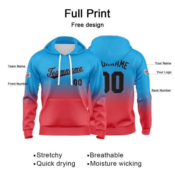 Benutzerdefinierter Verlauf Hoodie für Mann, Frau, Mädchen, Junge. Drucken Sie Ihr Logo, Ihren Namen und Ihre Nummer Blau Rot Mode – Bild 2