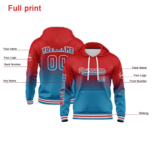 Benutzerdefiniert Blau Rot Hoodie Personalisiert Männer Pullover Hoodie Gedruckt Team Name Number Logo für Frauen Rabatt – Bild 2
