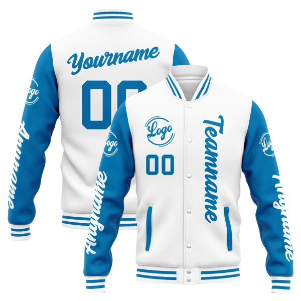 Benutzerdefinierte Varsity-Jacke. Letterman-Jacke für Männer, Frauen und Jugendliche  Weiß Blau Verkauf