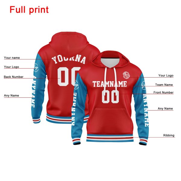 Benutzerdefiniert Blau Rot Hoodie Personalisiert Männer Pullover Hoodie Gedruckt Team Name Number Logo für Frauen Im Angebot – Bild 2