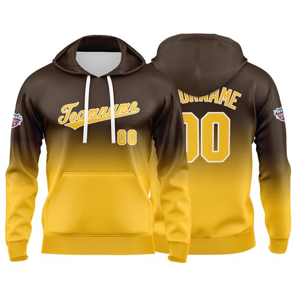 Benutzerdefinierter Verlauf Hoodie für Mann, Frau, Mädchen, Junge. Drucken Sie Ihr Logo, Ihren Namen und Ihre Nummer Braun Gelb Rabatt