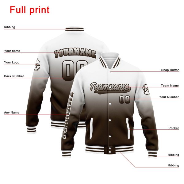 Benutzerdefinierte Varsity-Jacke. Letterman-Jacke für Männer, Frauen und Jugendliche Weiß Braun Verlauf Jetzt online – Bild 4