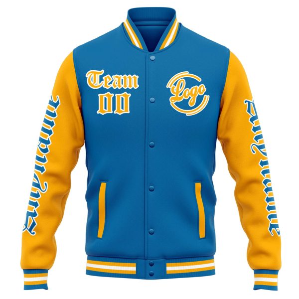 Benutzerdefinierte Varsity-Jacke. Letterman-Jacke für Männer, Frauen und Jugendliche Blau Orange Im Angebot – Bild 2