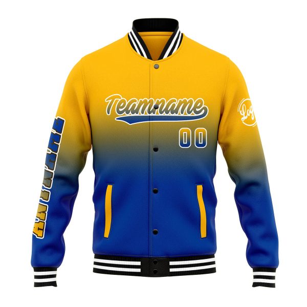 Benutzerdefinierte Verlauf Varsity-Jacke. Letterman-Jacke Gelb Blau Rabatt