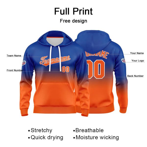 Benutzerdefinierter Verlauf Hoodie für Mann, Frau, Mädchen, Junge. Drucken Sie Ihr Logo, Ihren Namen und Ihre Nummer Royal Orange Mode – Bild 2